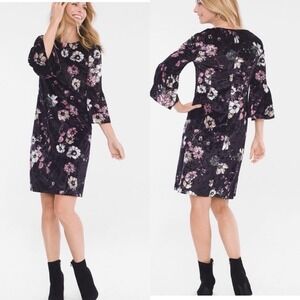 Chicos Dress Women 12/14 Black Floral Whimsigoth Fairy Grunge Witchy Bell Sleeve